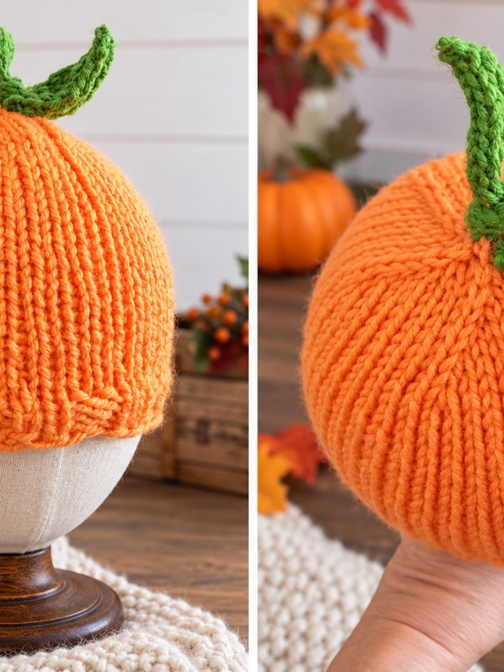 Baby Hand Crafted Orange Pumpkin Knit Hat with Green Stem